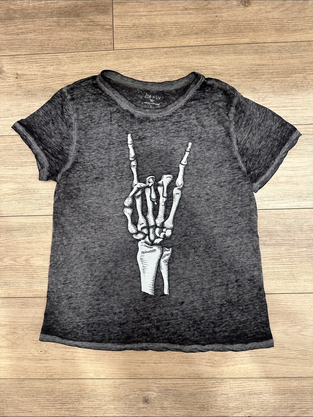 Zoe + Liv Charcoal Gray Mineral Wash Tee with White Logo Print